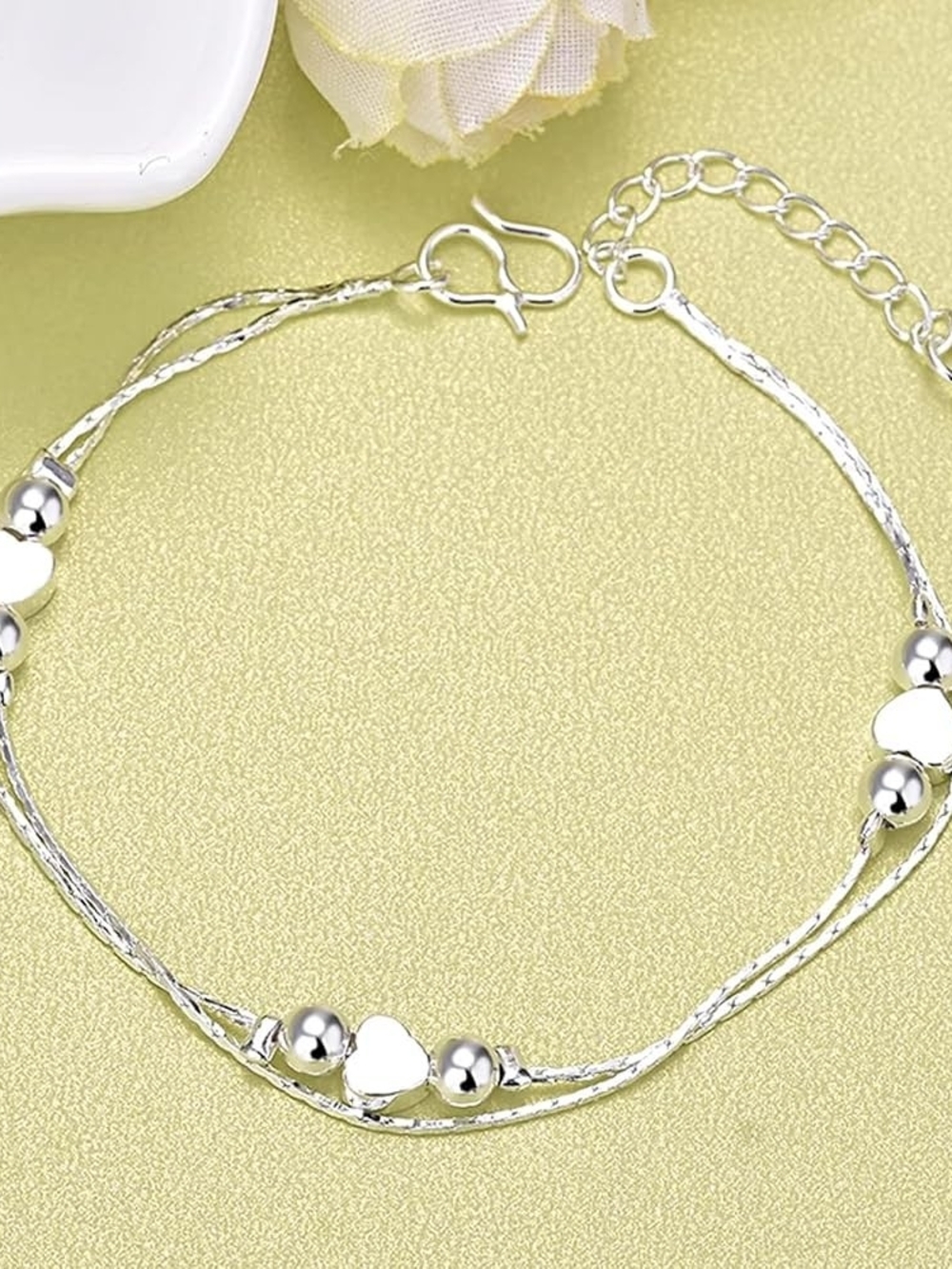 925 Sterling Silver Plated Heart Charm Beaded Bracelet for Women
